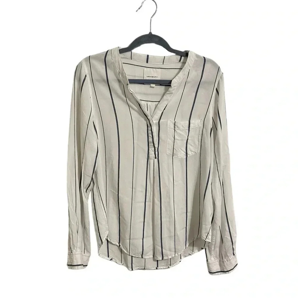 THREAD AND SUPPLY White and Light Blue Striped Half Button Down Collared Shirt L